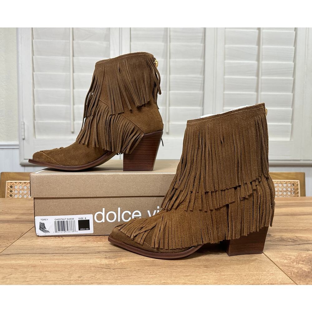 Dolce Vita Torey Boots Chestnut Suede Size 8 NIB Tiered Fringe Western Inspired - Picture 4 of 16